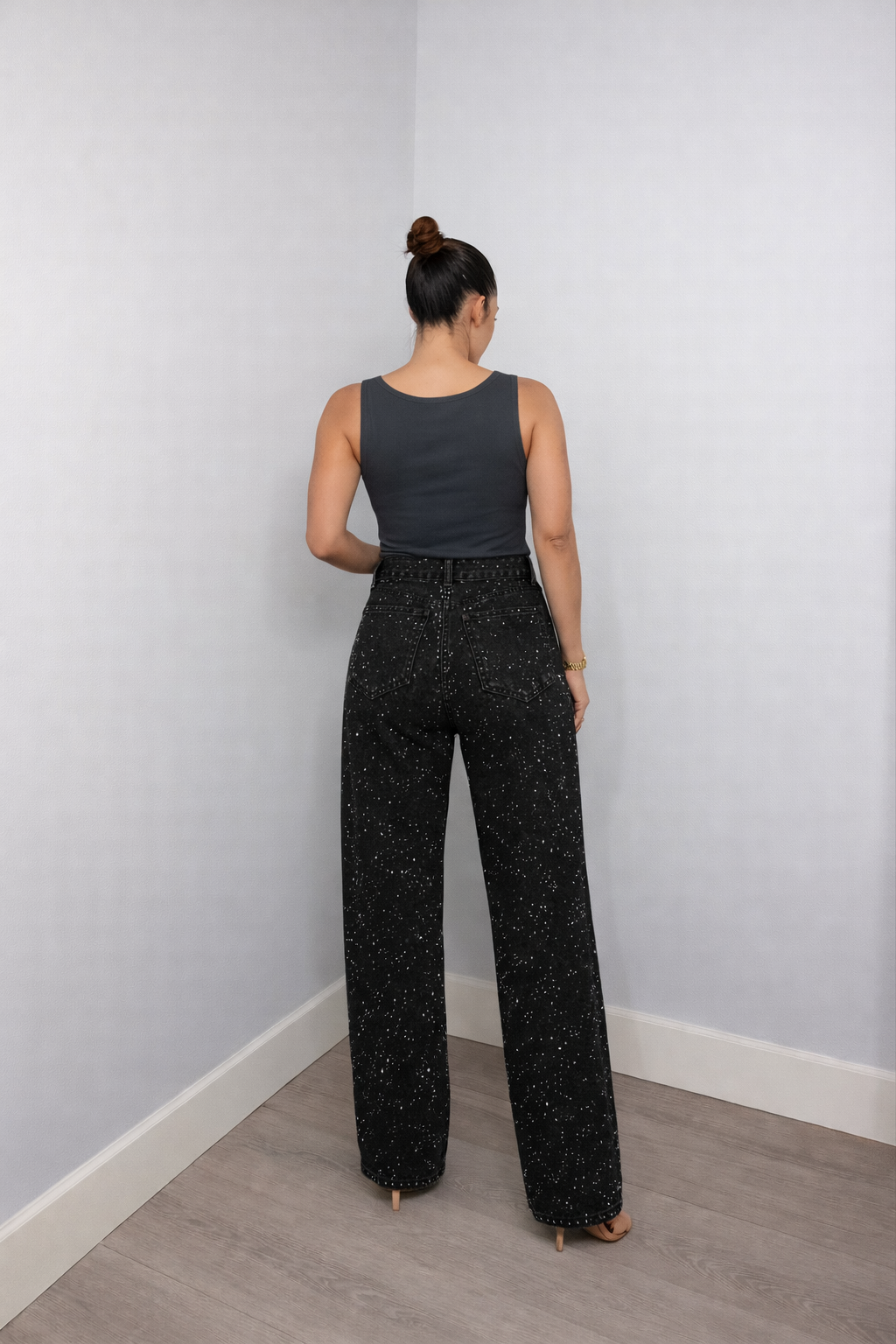 High waist wide leg jeans dames met glitterdetails
