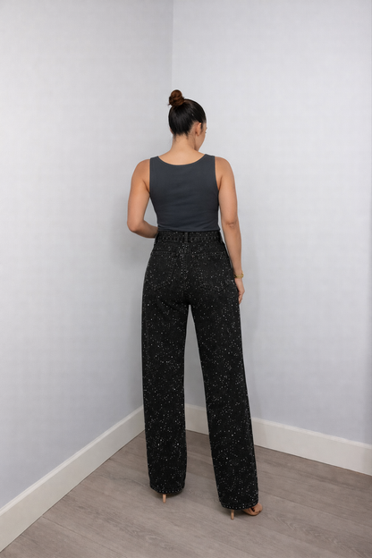 High waist wide leg jeans dames met glitterdetails