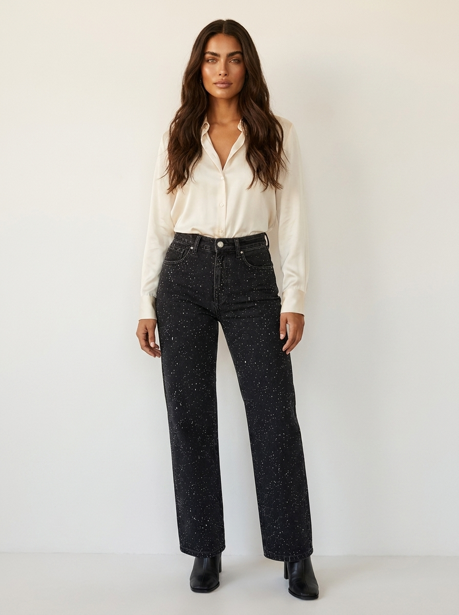High waist wide leg jeans dames met glitterdetails
