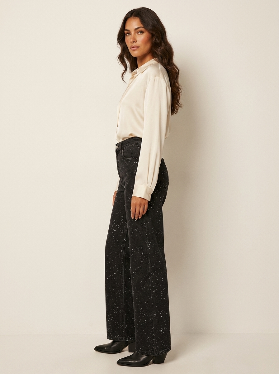 High waist wide leg jeans dames met glitterdetails