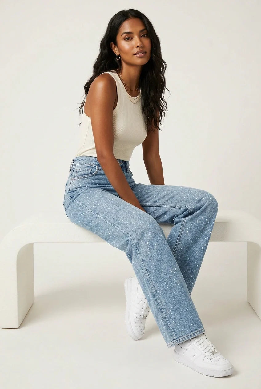 High waist wide leg jeans dames met glitterdetails