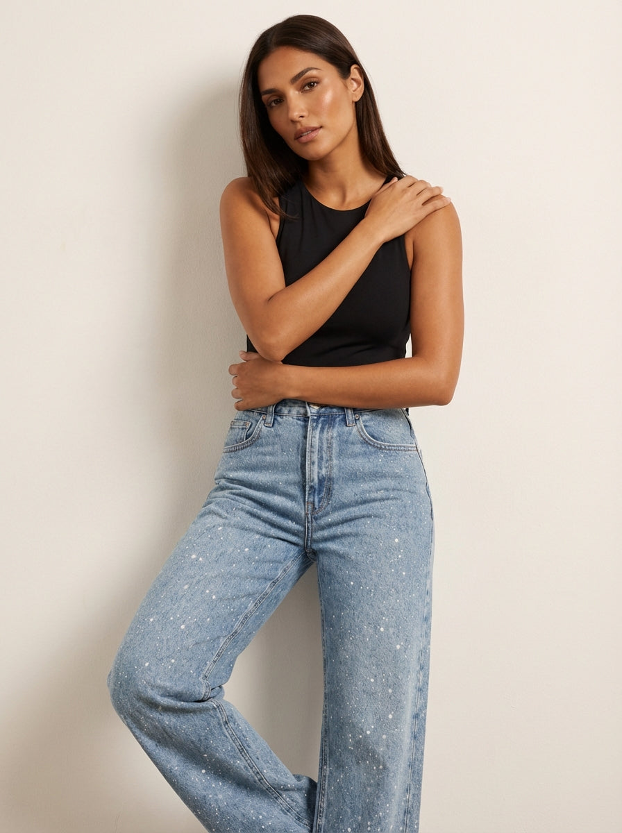 High waist wide leg jeans dames met glitterdetails