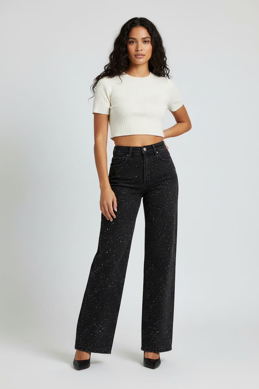 High waist wide leg jeans dames met glitterdetails