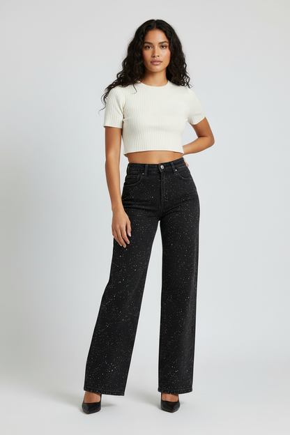 High waist wide leg jeans dames met glitterdetails