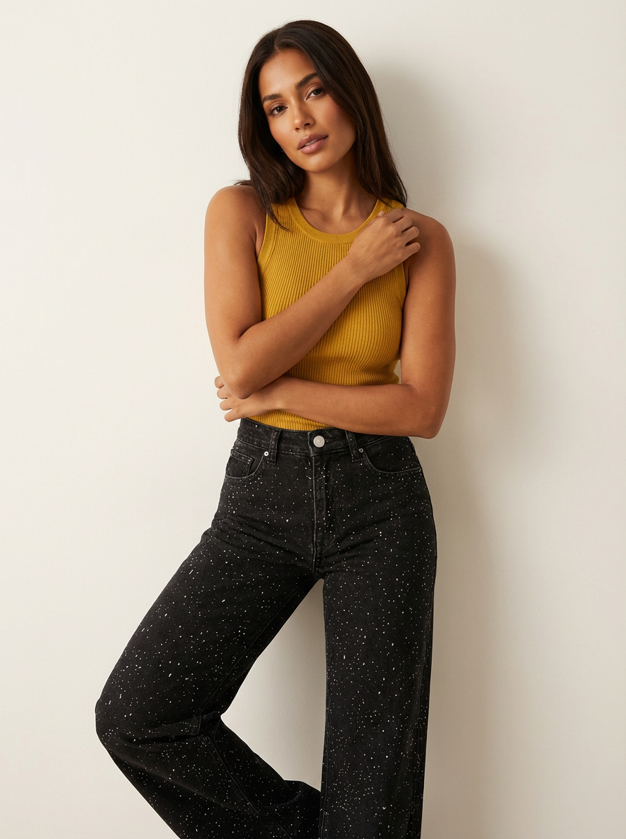 High waist wide leg jeans dames met glitterdetails