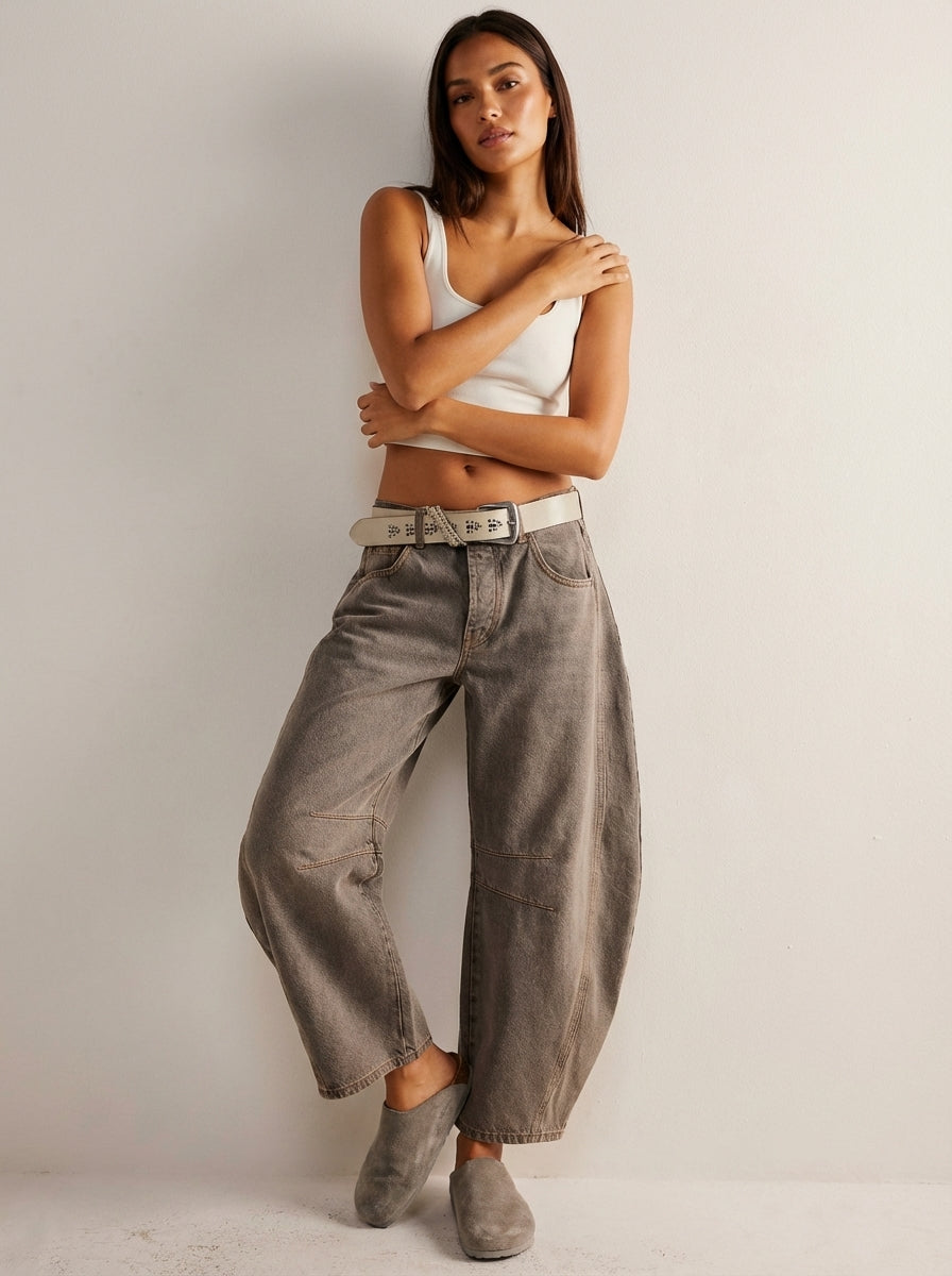 Barrel jeans dames in taupe
