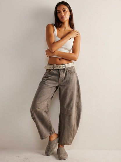 Barrel jeans dames in taupe