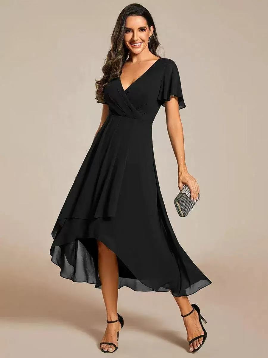 Chiffon midi jurk dames met overslag en asymmetrische zoom
