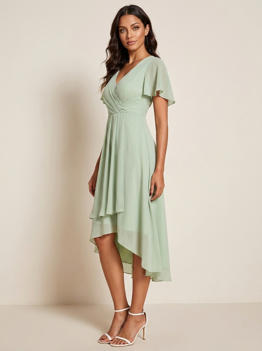 Chiffon midi jurk dames met overslag en asymmetrische zoom