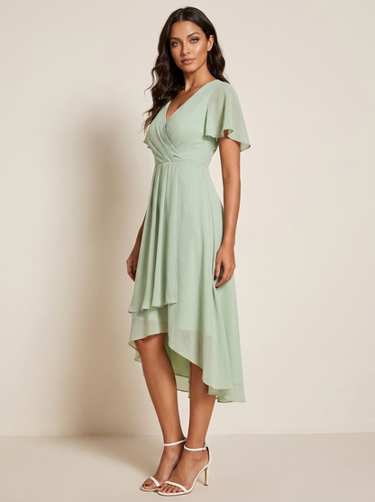 Chiffon midi jurk dames met overslag en asymmetrische zoom