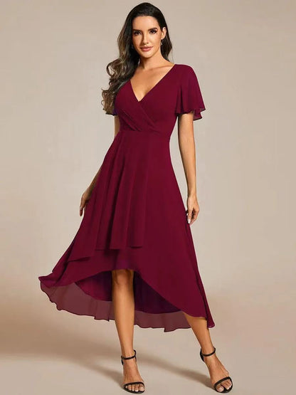 Chiffon midi jurk dames met overslag en asymmetrische zoom