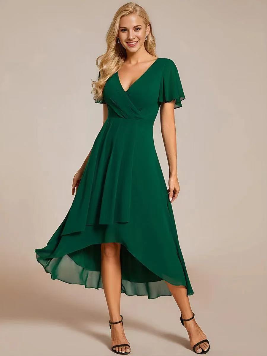 Chiffon midi jurk dames met overslag en asymmetrische zoom