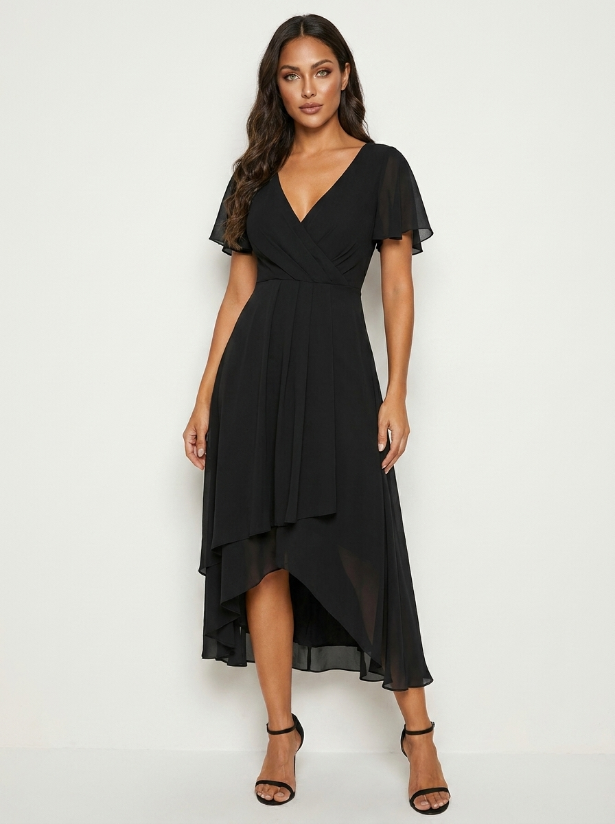 Chiffon midi jurk dames met overslag en asymmetrische zoom