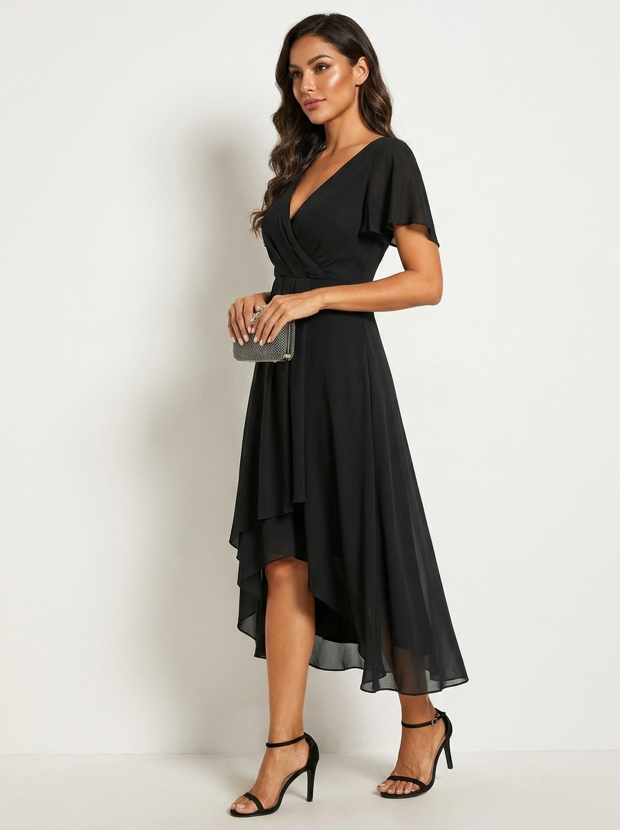 Chiffon midi jurk dames met overslag en asymmetrische zoom