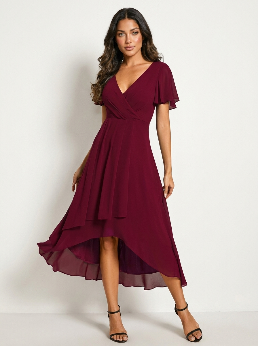 Chiffon midi jurk dames met overslag en asymmetrische zoom