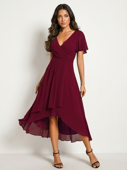 Chiffon midi jurk dames met overslag en asymmetrische zoom