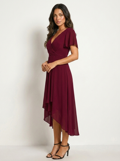 Chiffon midi jurk dames met overslag en asymmetrische zoom