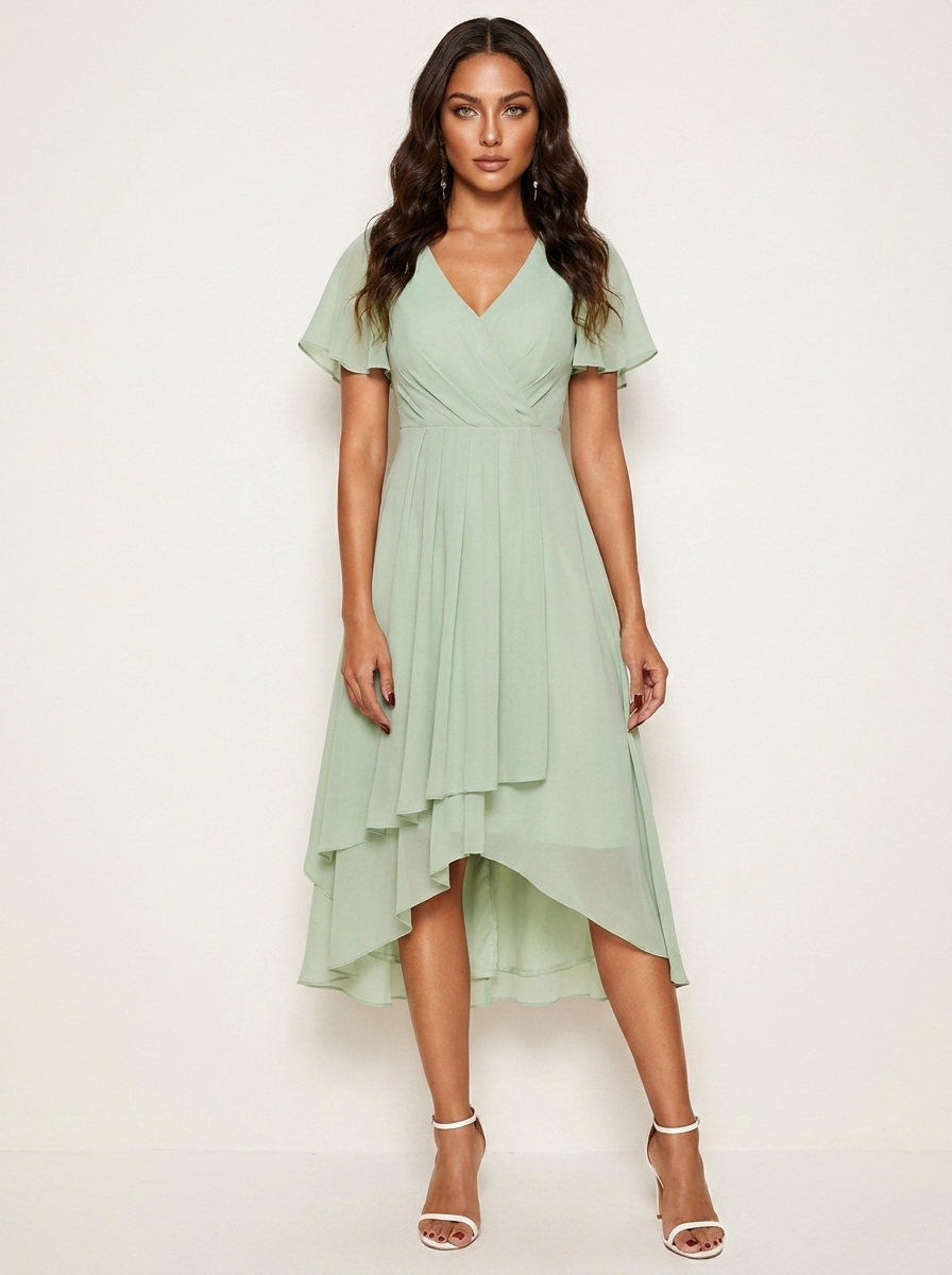 Chiffon midi jurk dames met overslag en asymmetrische zoom
