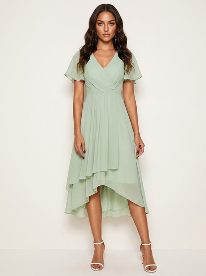 Chiffon midi jurk dames met overslag en asymmetrische zoom