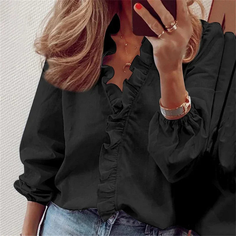 Vrouwelijke blouse dames zwart - chique ruches blouse veelzijdig elegant
