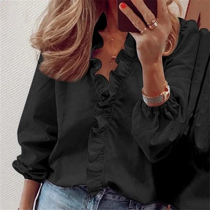 Vrouwelijke blouse dames zwart - chique ruches blouse veelzijdig elegant