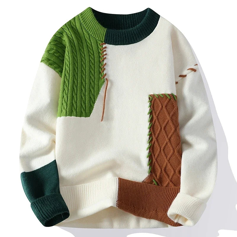 Patchwork trui heren met kabels in Groen
