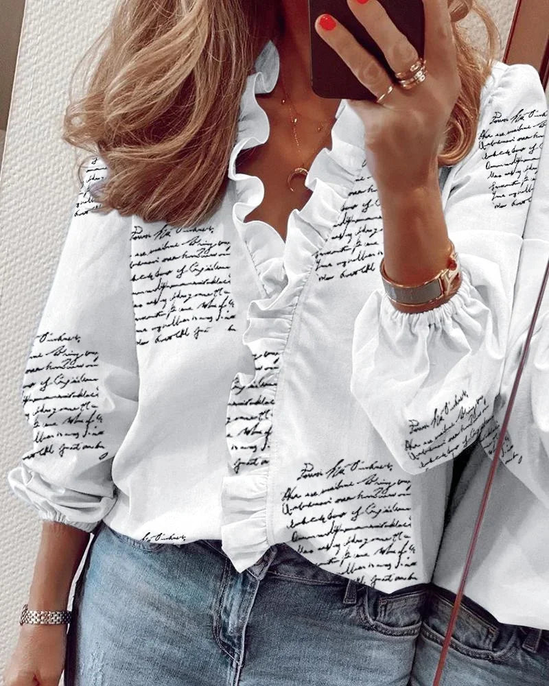 Vrouwelijke blouse dames wit zwart - tweekleurige elegante blouse ruches