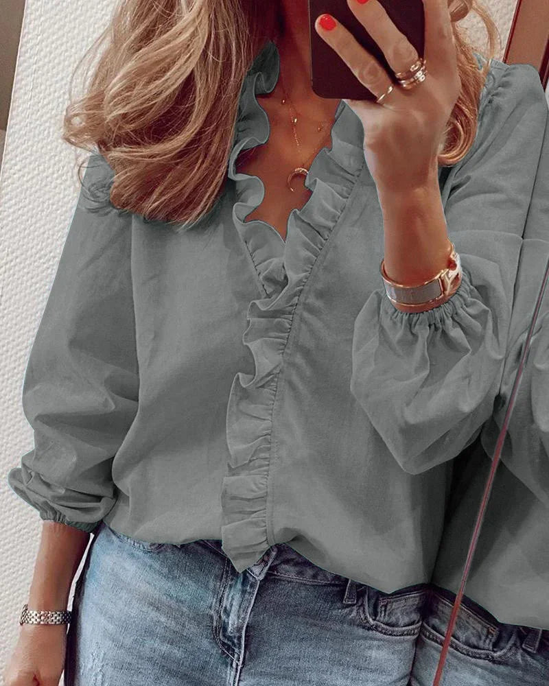 Vrouwelijke blouse dames grijs - tijdloze dagelijkse blouse ballonmouwen