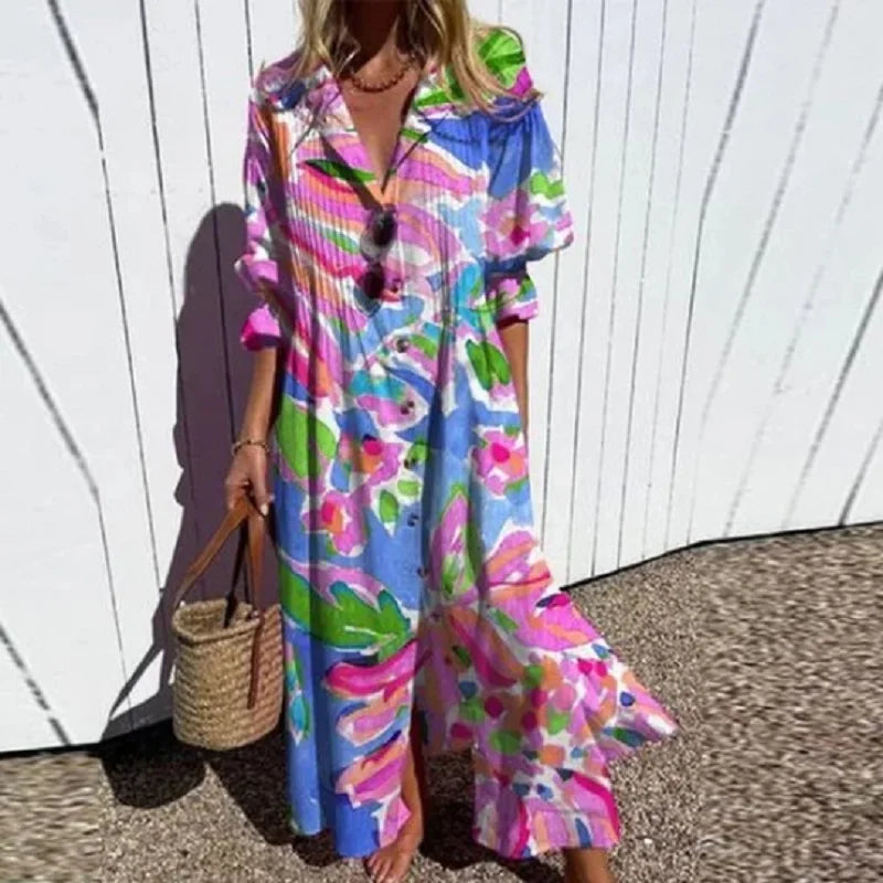 Kleurrijke bloemen maxi jurk dames - luchtige vrolijke lange zomerjurk