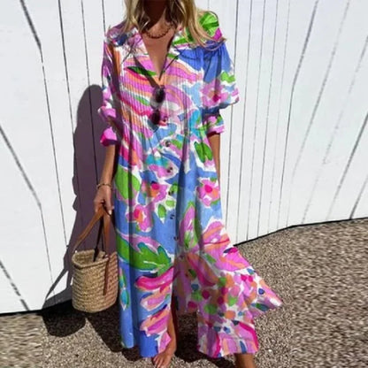 Kleurrijke bloemen maxi jurk dames - luchtige vrolijke lange zomerjurk
