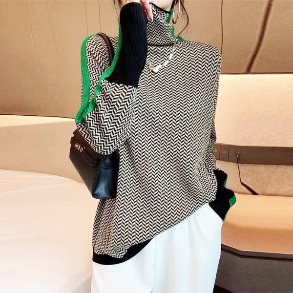 Coltrui dames met zwart-wit zigzagmotief en groene contrastbaan, oversized pasvorm