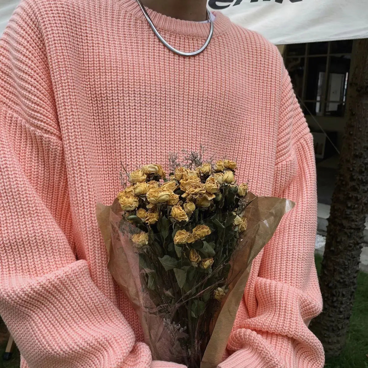 Oversized grofgebreide herentrui in Roze