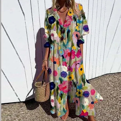 Kleurrijke bloemen maxi jurk dames - luchtige vrolijke lange zomerjurk