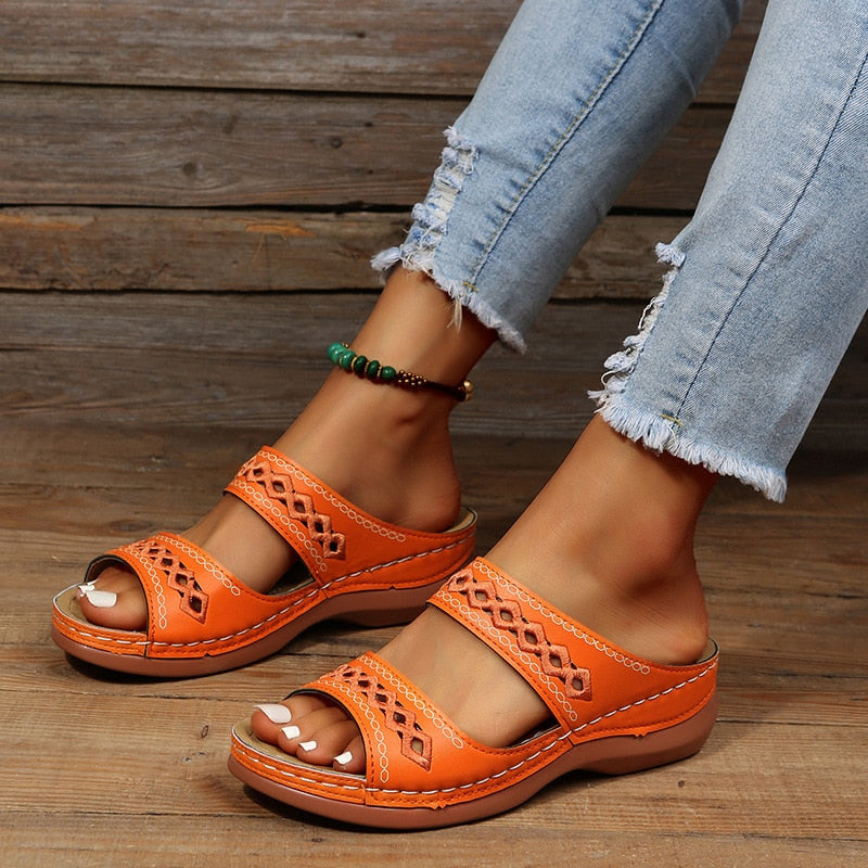 Orthopedische sandalen dames in oranje met open teen en open hiel