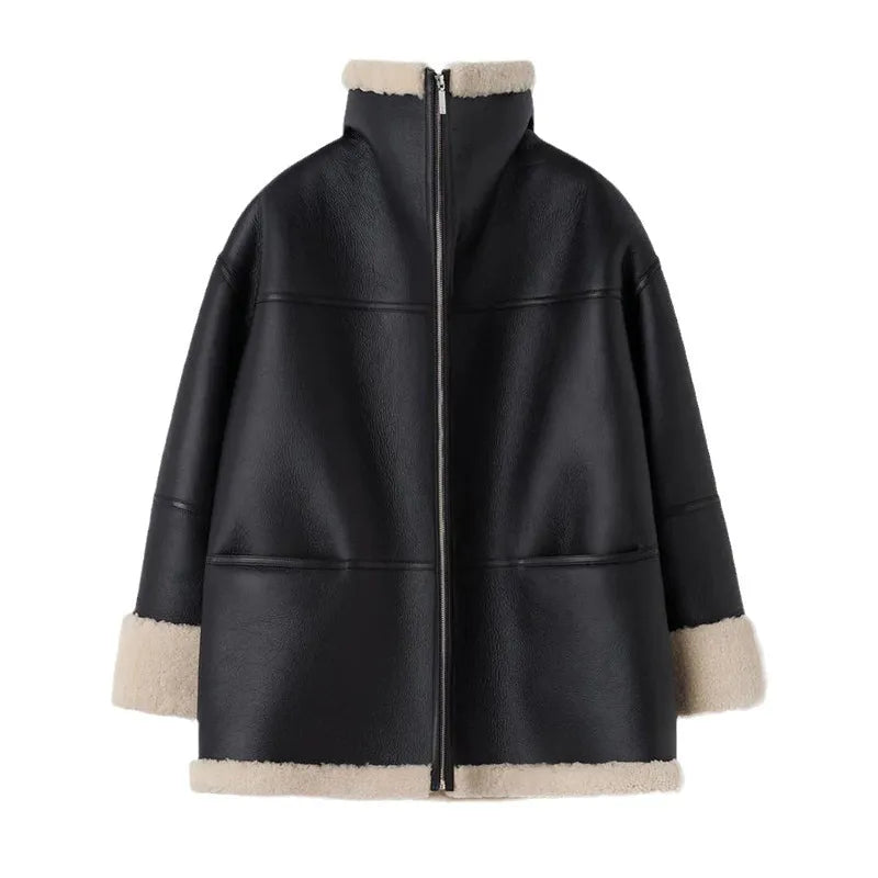 Dames Oversized Jas van Kunstleer - Warm en Stijlvol met Shearling Details