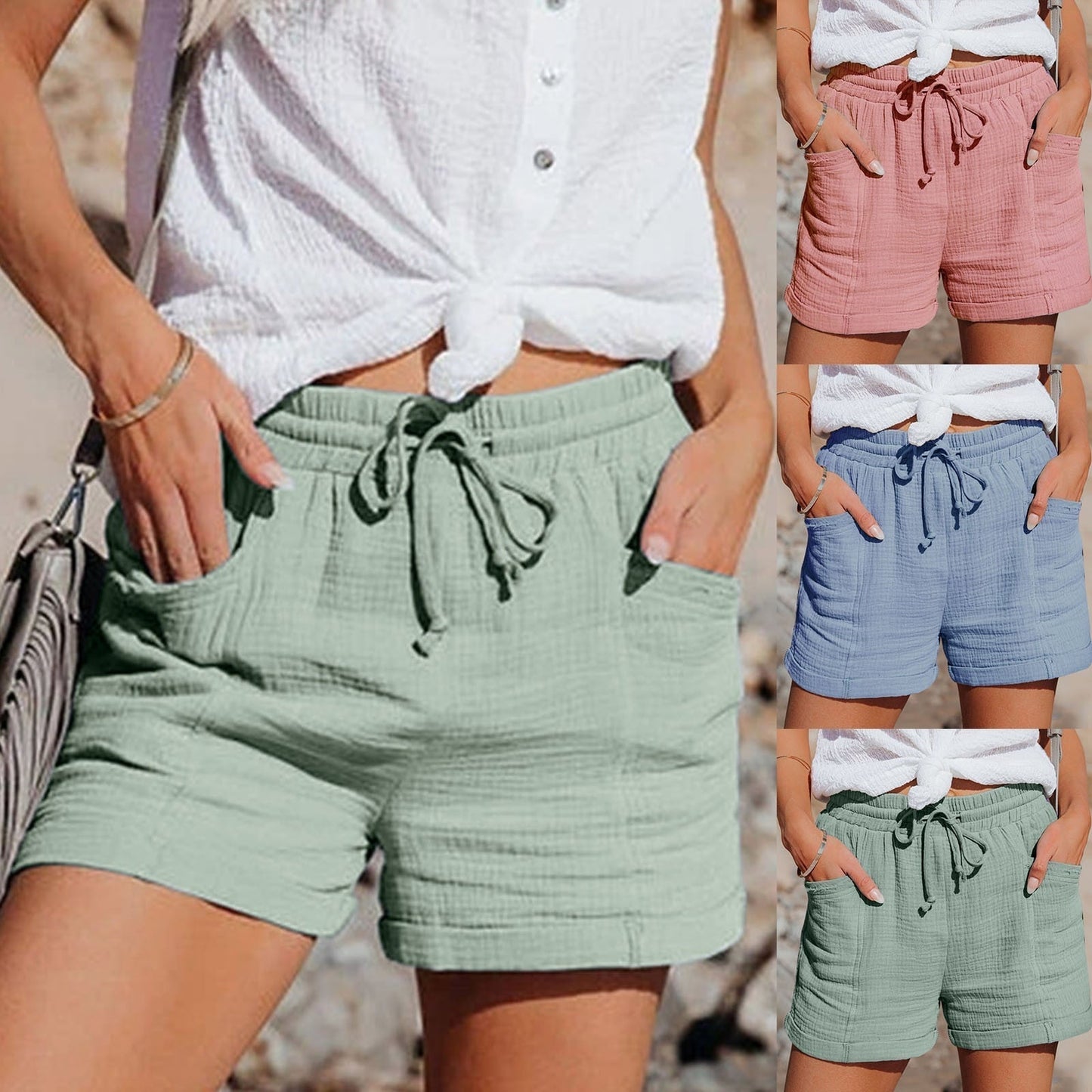Katoenen short dames in groen, roze, blauw en mintgroen met trekkoord