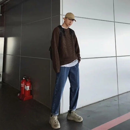Oversized grofgebreide herentrui in Bruin