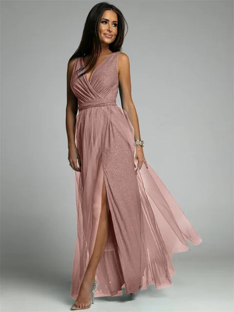 Rose maxi jurk met split, mouwloos met overslag V-hals en tule rok