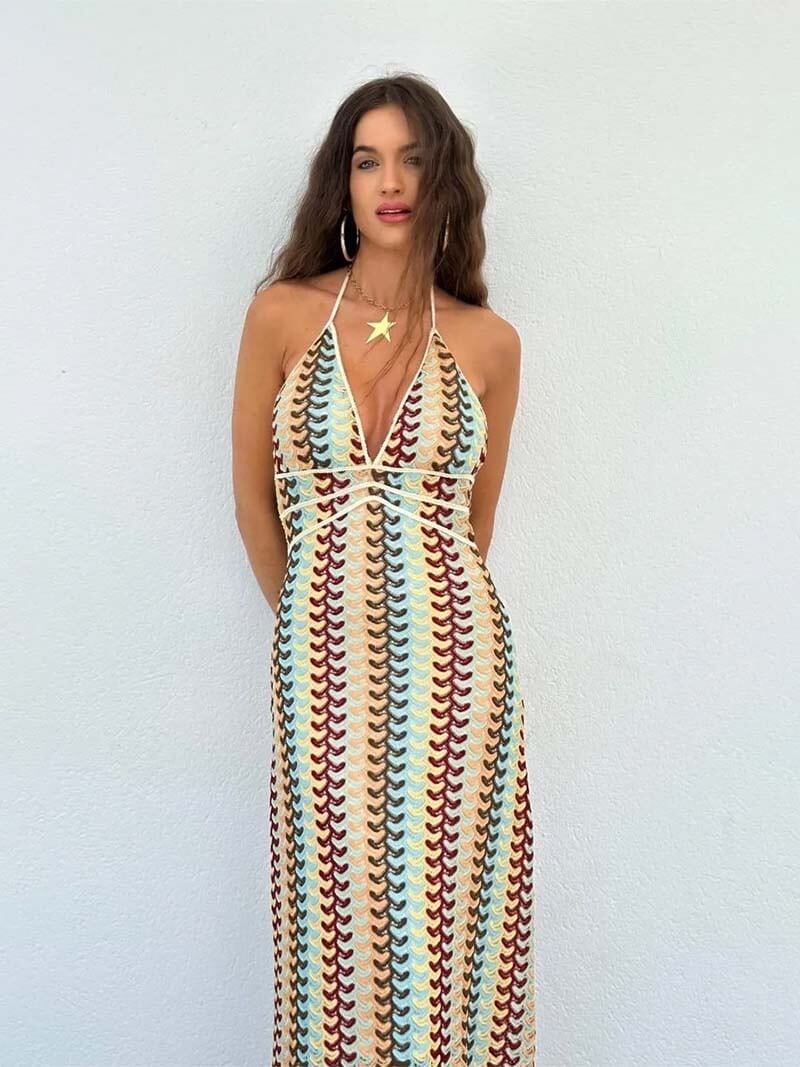 Gestreepte Mia Maxi-jurk - Halterhals met Boho-Chique Zwierige Stijl