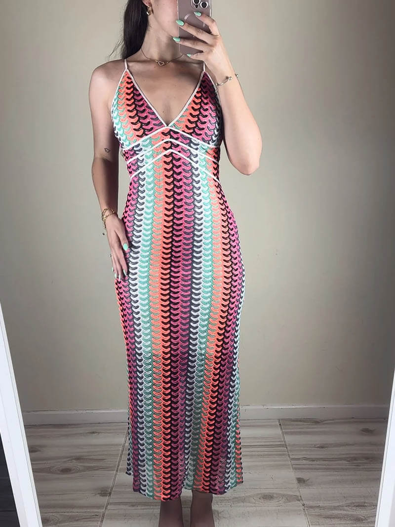 Gestreepte Mia Maxi-jurk - Halterhals met Boho-Chique Zwierige Stijl