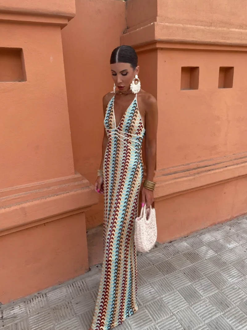 Gestreepte Mia Maxi-jurk - Halterhals met Boho-Chique Zwierige Stijl