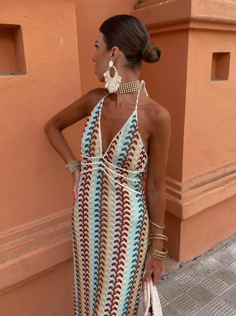 Gestreepte Mia Maxi-jurk - Halterhals met Boho-Chique Zwierige Stijl