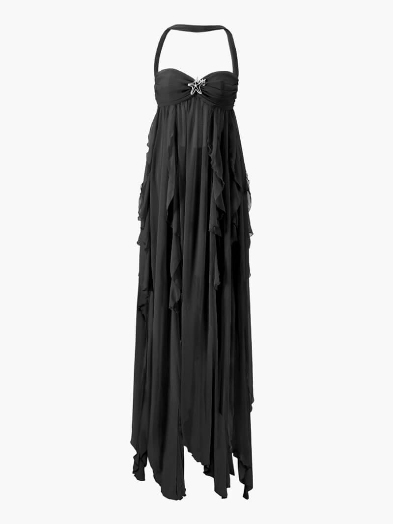 Ophilia Maxi-jurk - Open Rug met Diamanten Sterdetails en Chiffon