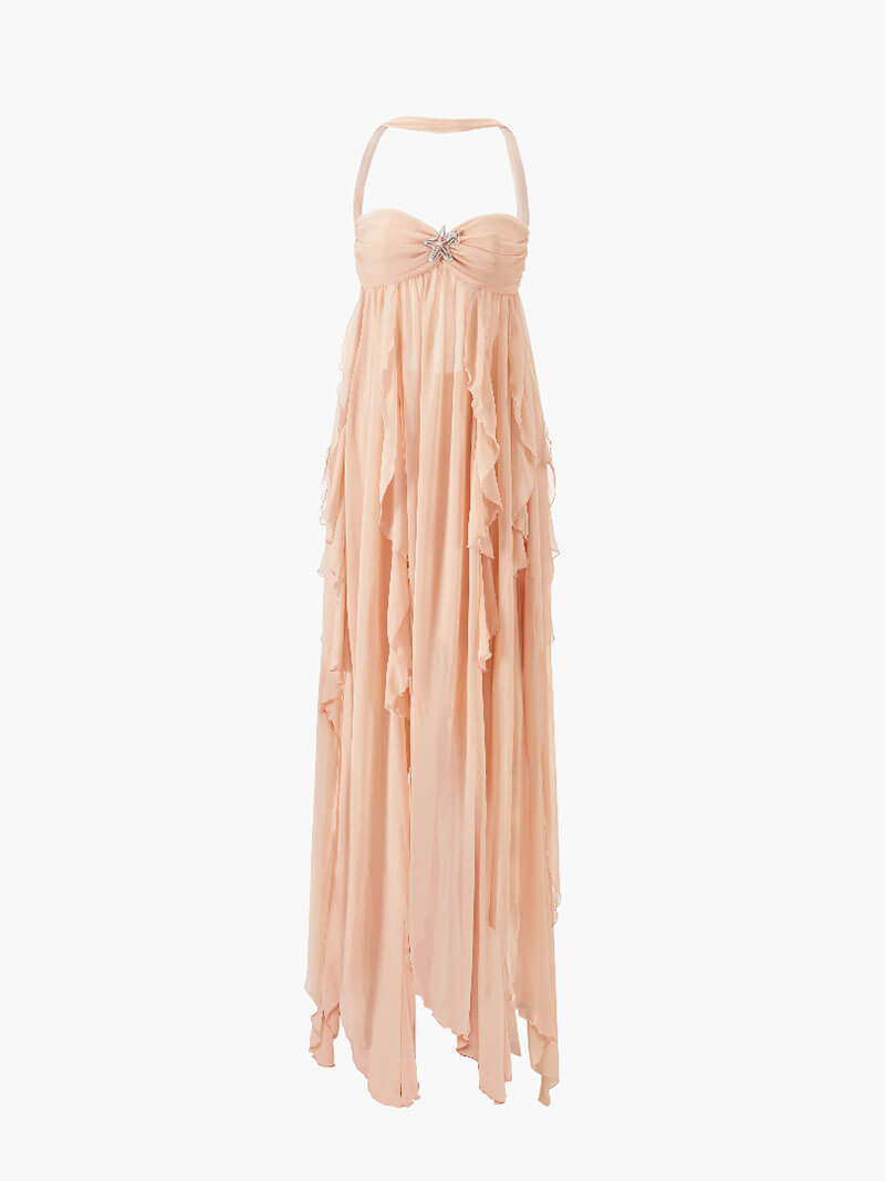 Ophilia Maxi-jurk - Open Rug met Diamanten Sterdetails en Chiffon