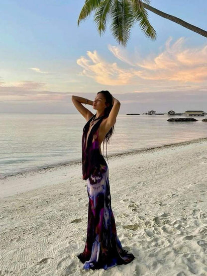 Sheer Maxi Dress - Luxe Viscose met Abstracte Bloemenprint en Tie-Dye Details