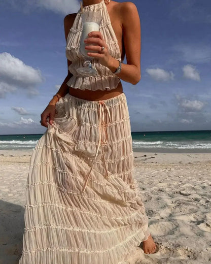 Tweedelige Set - Beige Ruches - Perfect voor Zomer en Vakantie
