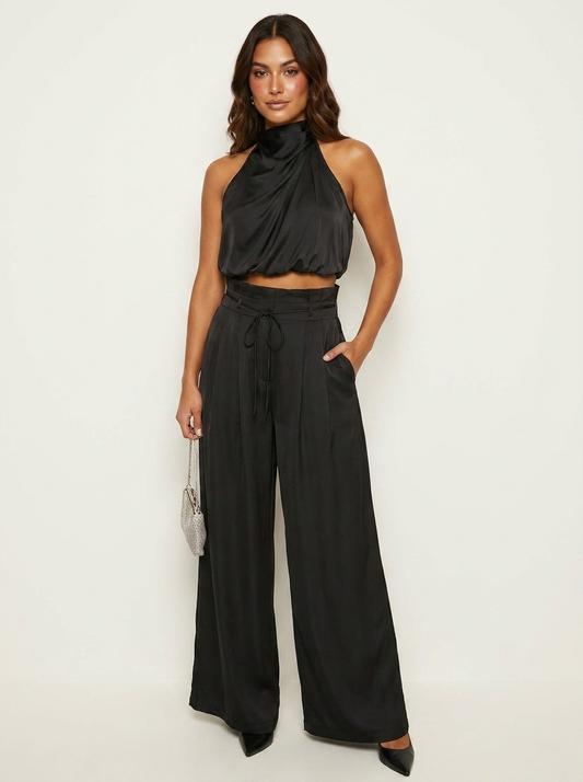 Satijnen set dames met haltertop en wijde broek