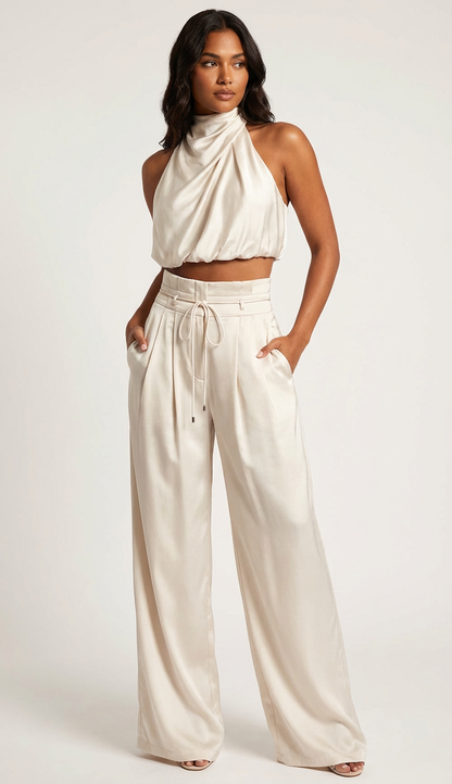 Satijnen set dames met haltertop en wijde broek
