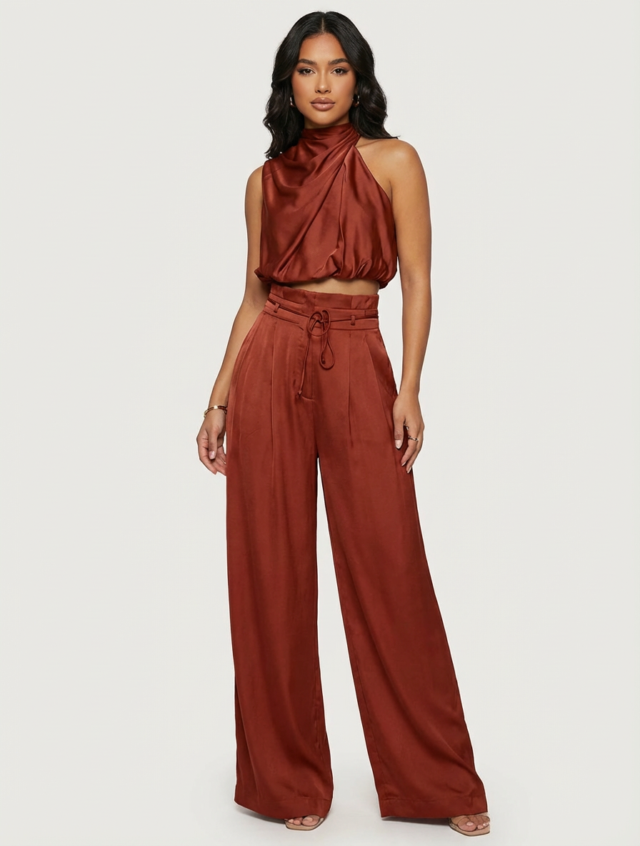 Satijnen set dames met haltertop en wijde broek