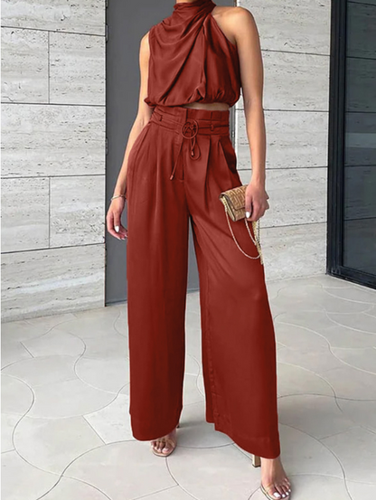 Satijnen set dames met haltertop en wijde broek